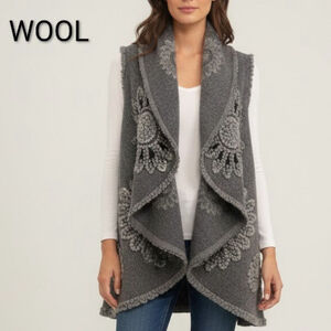 Boho Wool Floral Lagenlook Waterfall Vest - Gray Textured Sleeveless Cardigan